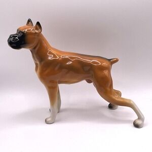 ROYAL CROWN Boxer Dog Hand Painted Porcelain Figurine‎ 7" Length Vintage 1986